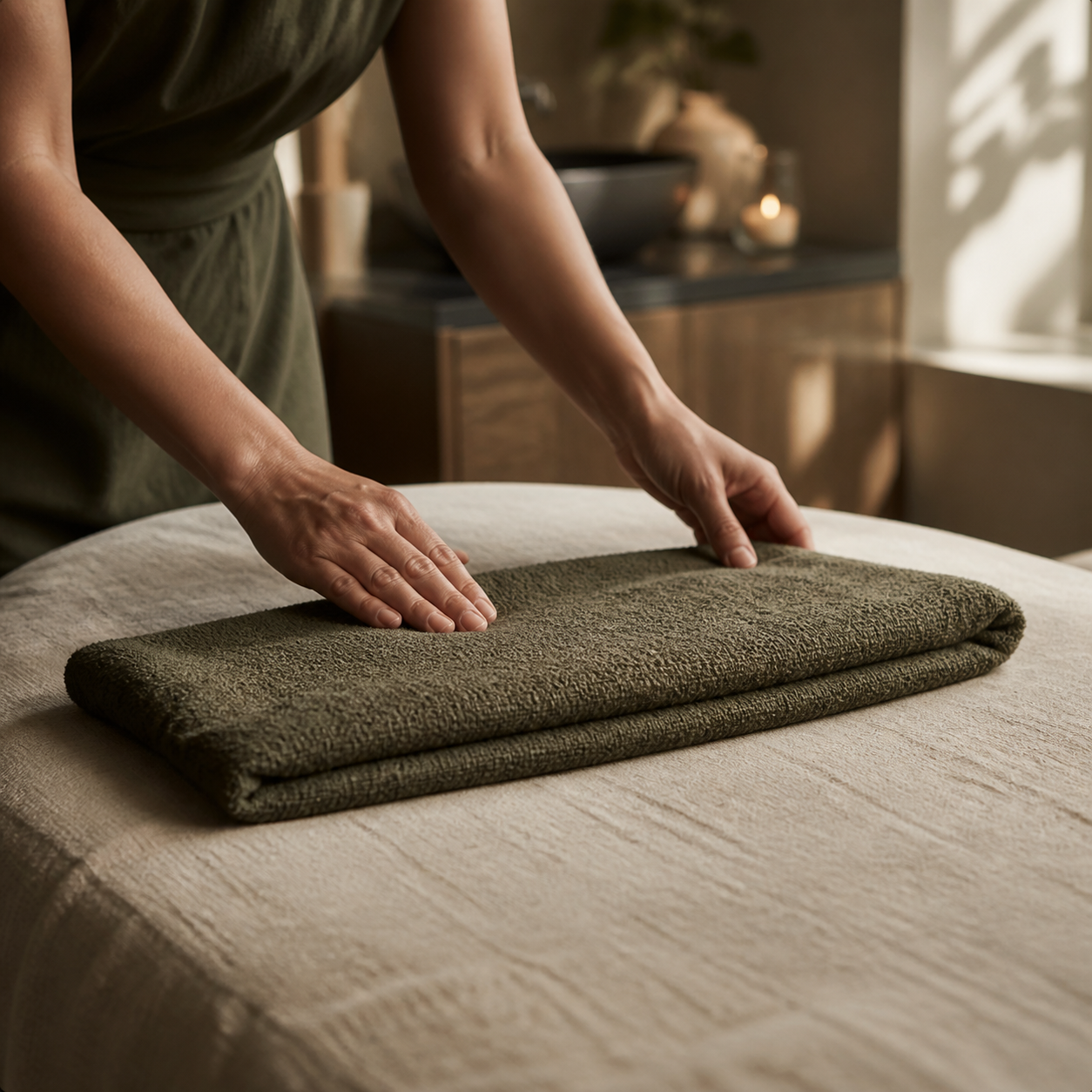 Concept image of a massage therapist smoothing a folded linen towel across a treatment table