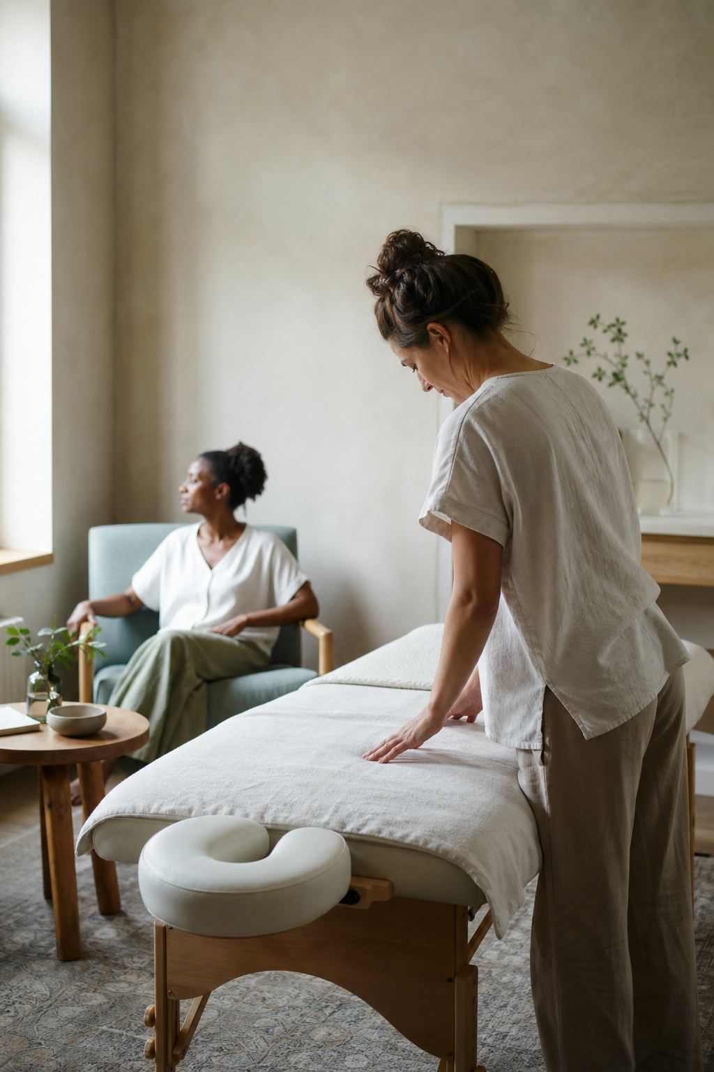 Conceptual massage studio with a therapist preparing the table and a client seated nearby